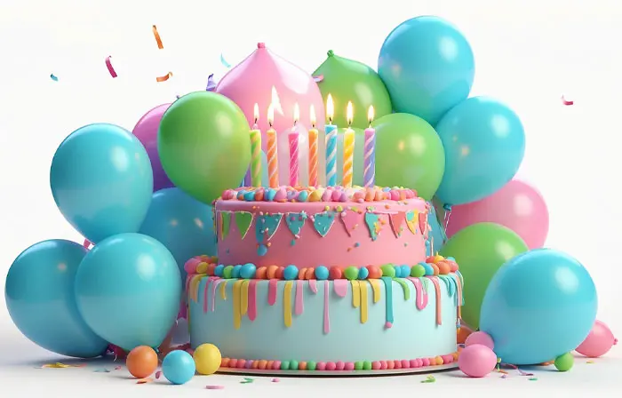 Birthday Cake and Balloons 3d Design Illustration Artwork